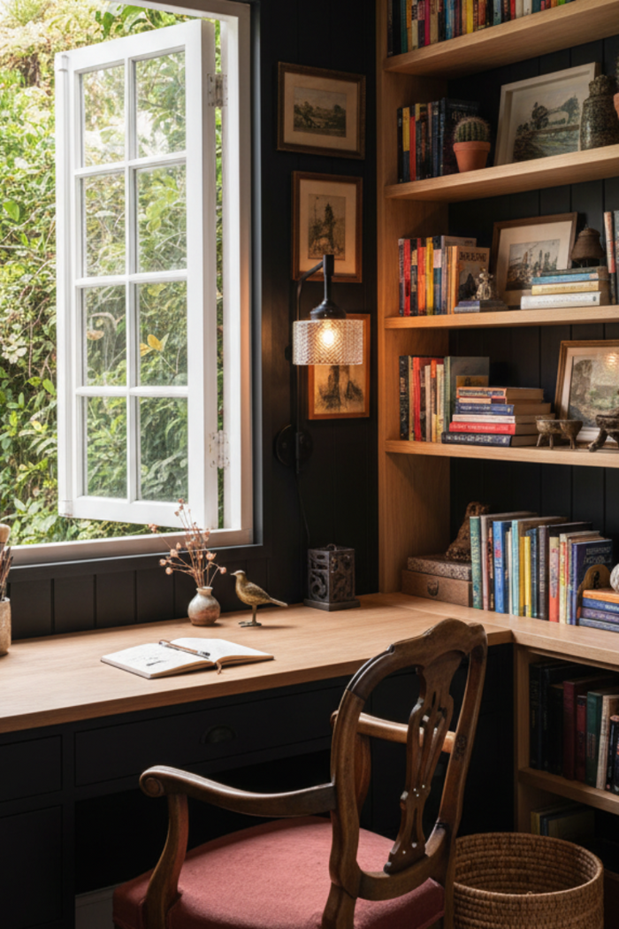 Malibu Glass Wing Arm Wall Lamp with plug in a book filled office.
