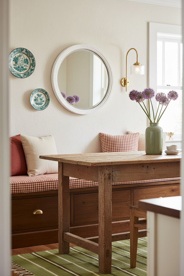 Gold/brass shepherds hookwall sconce with clear glass shade over a sweet farmhouse style breakfast nook.