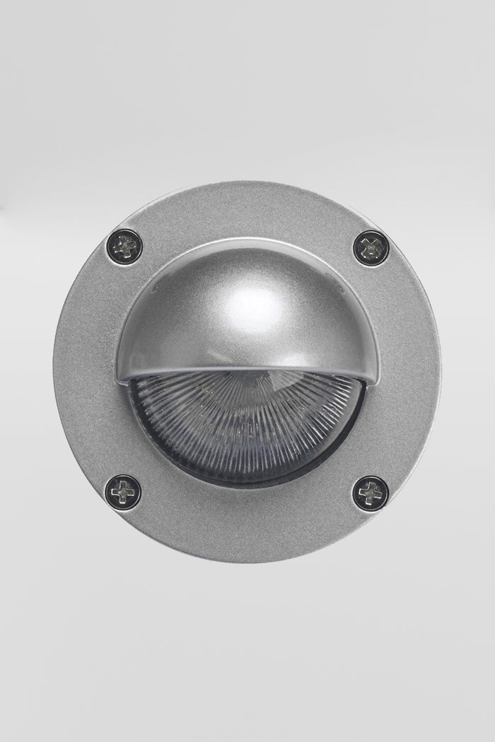 Silver finished eyelid step light, with LED light source.