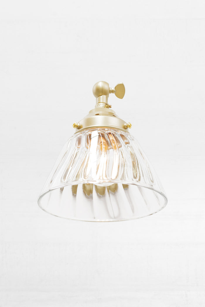 Straight wall sconce in gold/brass with a clear shade.