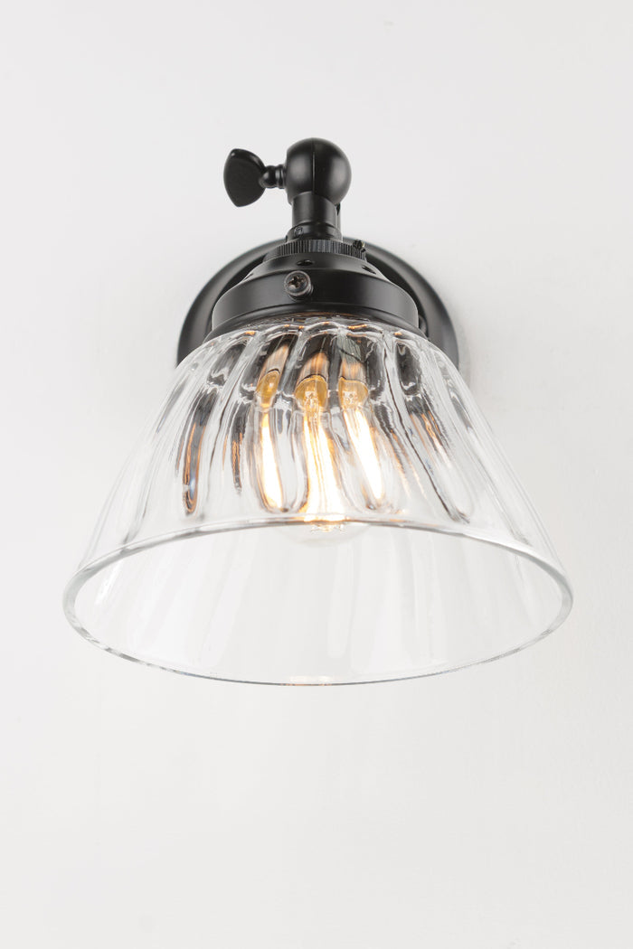 Front view of the short straight wall sconce in black with a clear shade.
