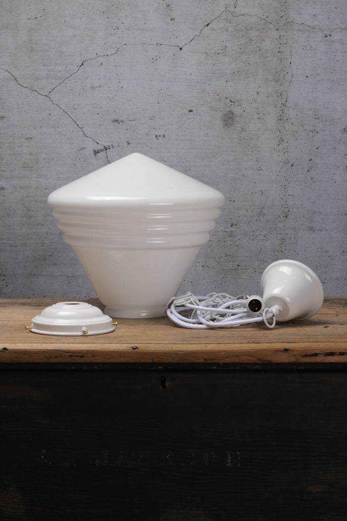Marlington glass shade exhibits a distinctive, Schoolhouse-style form