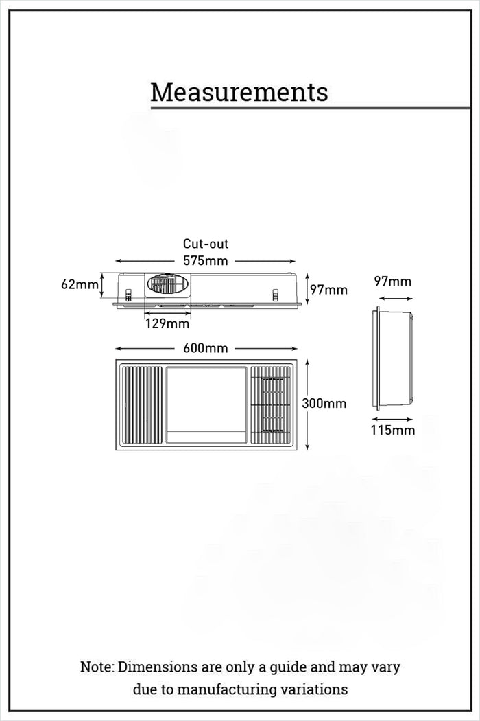 Dimension illustration of the 3-in-1 bathroom heater, light and echaust.