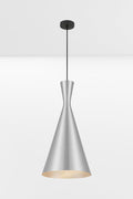 Aluminium coloured modern elongated cone pendant light with black cord and ceiling rose.