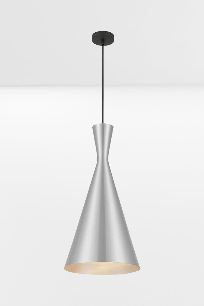 Aluminium coloured modern elongated cone pendant light with black cord and ceiling rose.