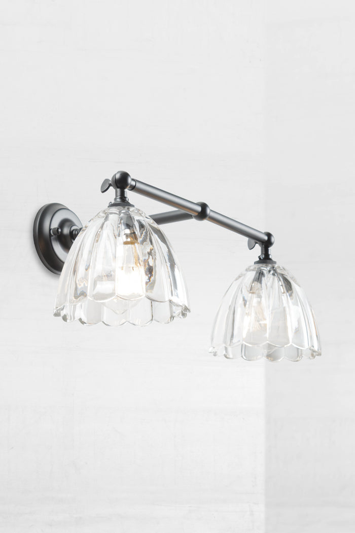 Black double swivel wall arm sconce with two clear glass shades.
