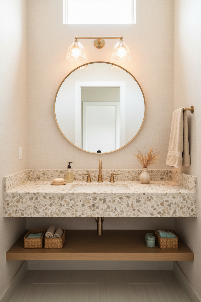 double arm glass wall light in bathroom vanity with terrazzo countertop