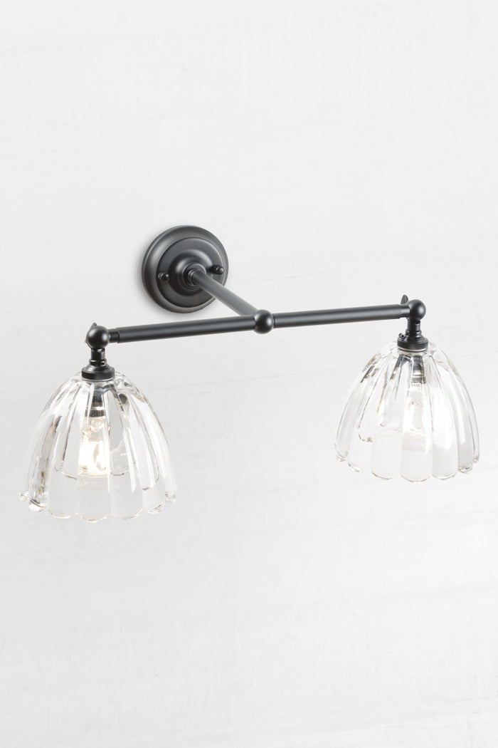 Black double swivel wall arm sconce with two clear glass shades.