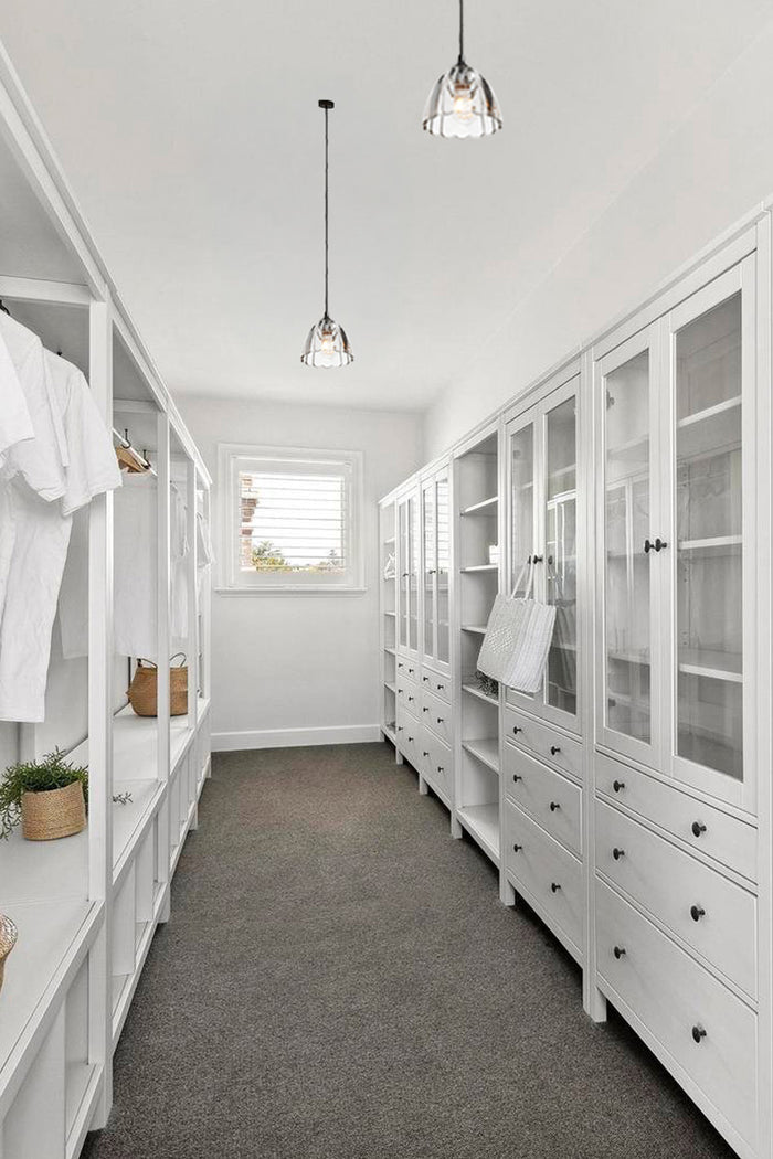 walk in wardrobe with glass pendant lights