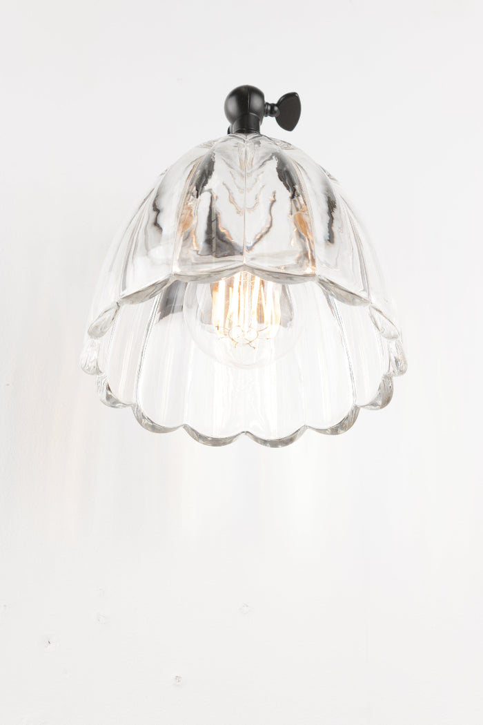 Front view of the black wall sconce and clear glass shade with scalloped edge.