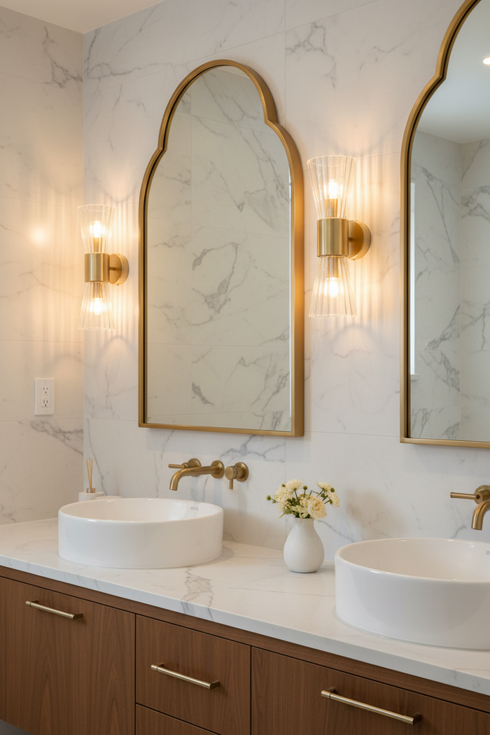 Two Mowbray Double Glass Wall Light's with gold/brass steel finish, in a marble and timber powderroom.