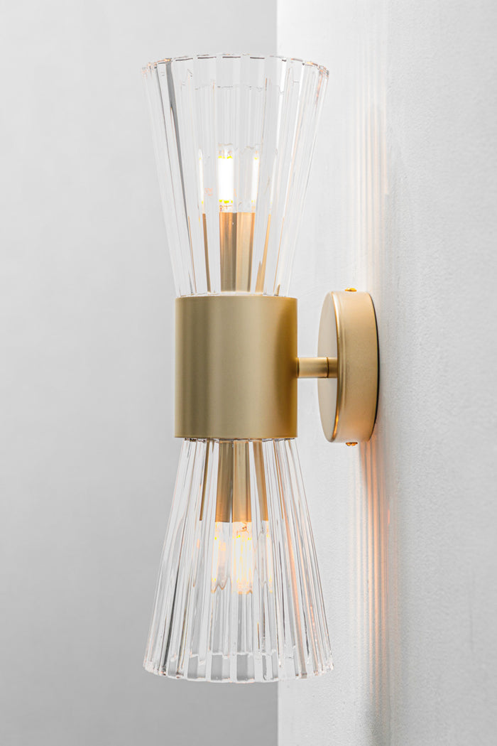 Mowbray Double Glass Wall Light with gold/brass steel finish, side view.