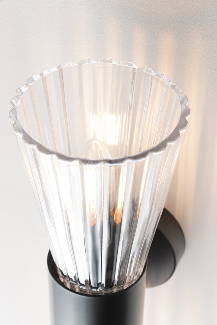 A modern wall sconce with a clear ribbed glass shade paired with 2 clear ribbed glass shades and sculptural steel body in black.