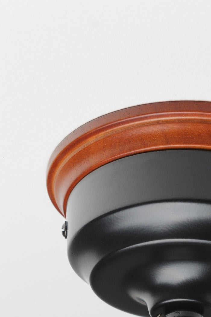 Natural finished wood mounting block with a black curved ceiling rose.