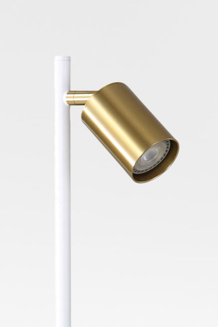 Close up of the  desk lamp with satin brass spot headand, white stand and light off.