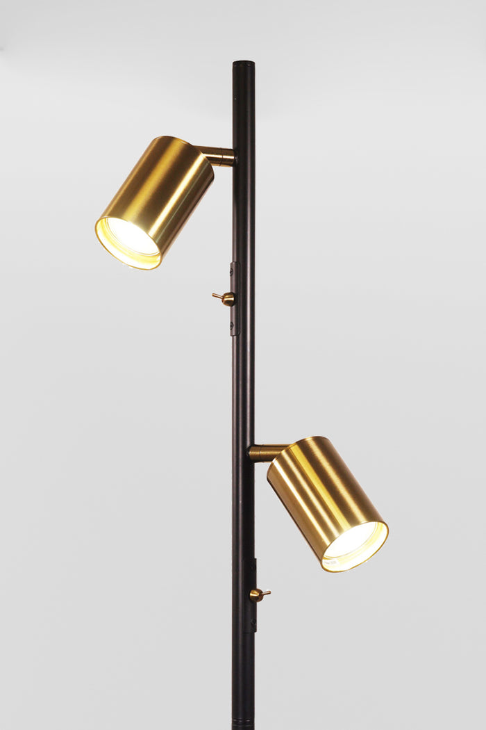 Close up of the black two light floor lamp with satin brass adjustable spot heads.