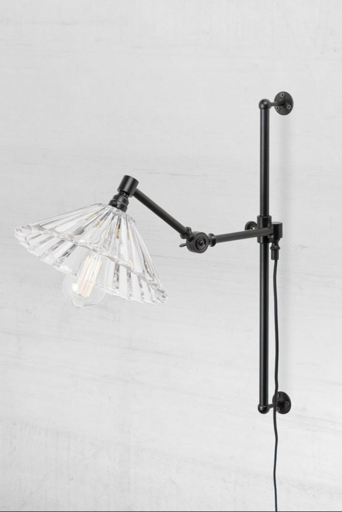 Black swing wall arm with wall plug and a clear glass pleated shade.