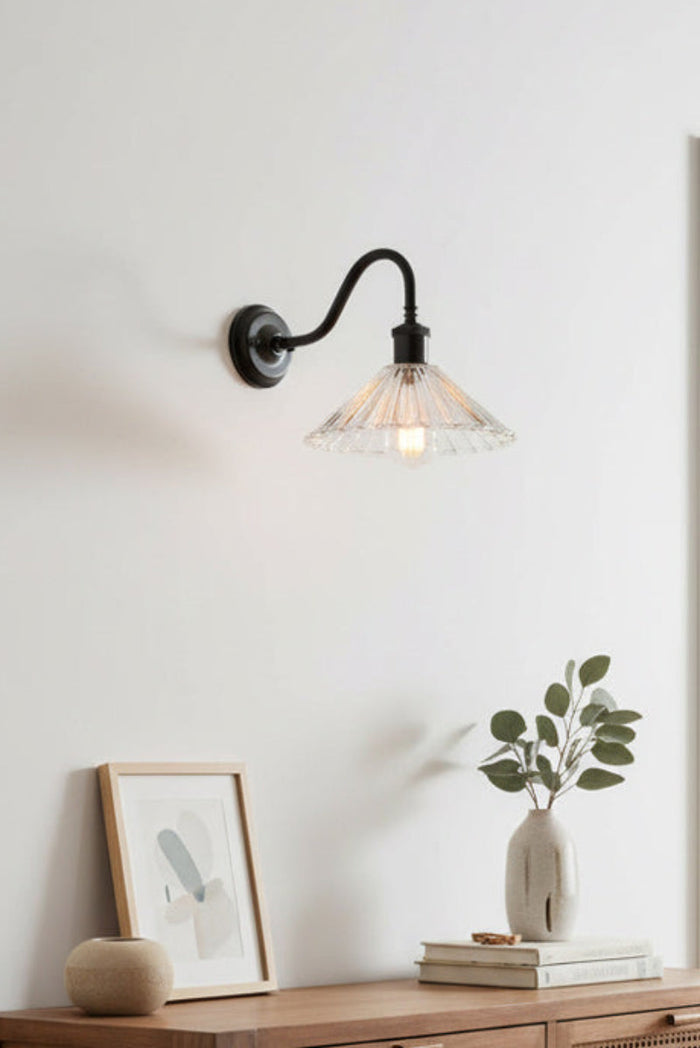 Paris Pleated Glass Gooseneck Black Wall Light in the entrance hallway