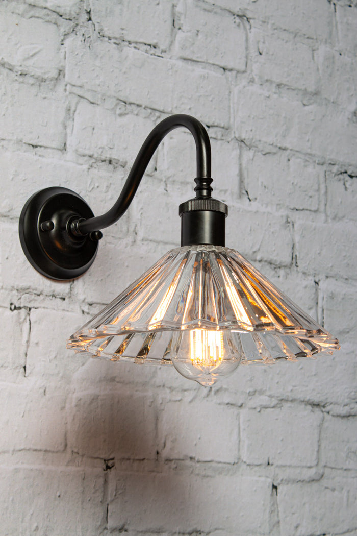 Paris Pleated Glass Gooseneck Black Wall Light