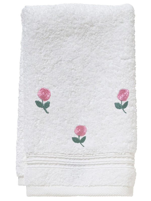 Pink Rosebuds Embroidered Cotton Terry Guest Towel — embroidered textile and product presentation