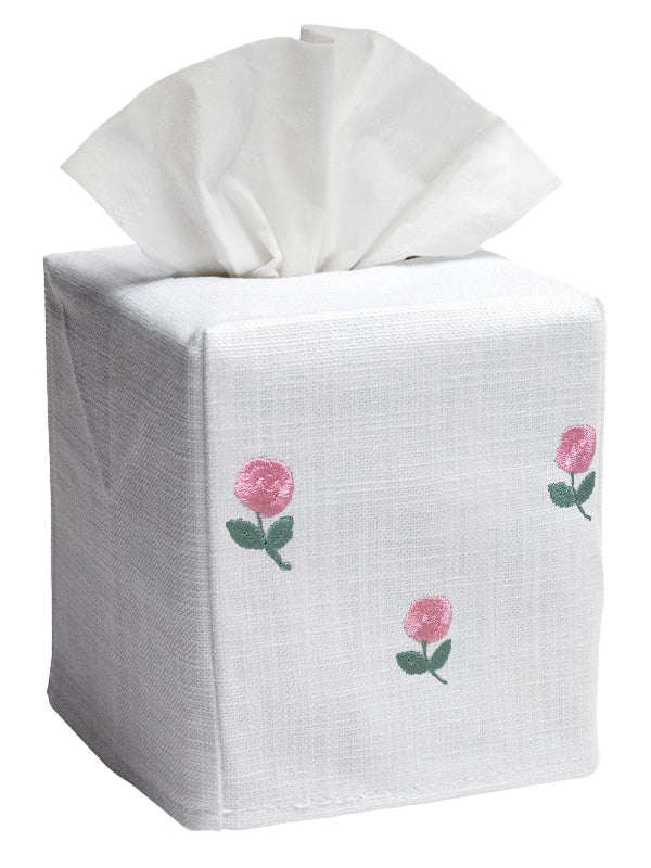 Pink Rosebuds Embroidered Linen-Cotton Tissue Box Cover — embroidered cover fitted over a separate tissue box
