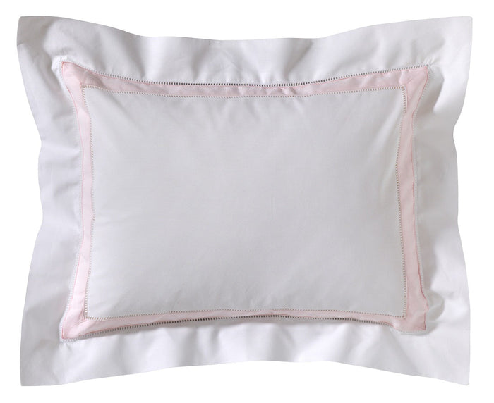 Pink-Trim Hemstitched Boudoir Pillow Cover — embroidered textile and product presentation