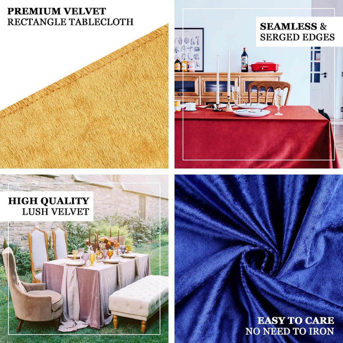 Premium velvet rectangle tablecloth in assorted colors, showcasing high quality and easy care.