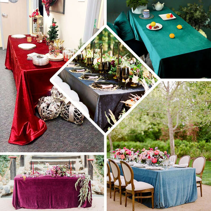 Various velvet tablecloths in rich colors for elegant dining settings.
