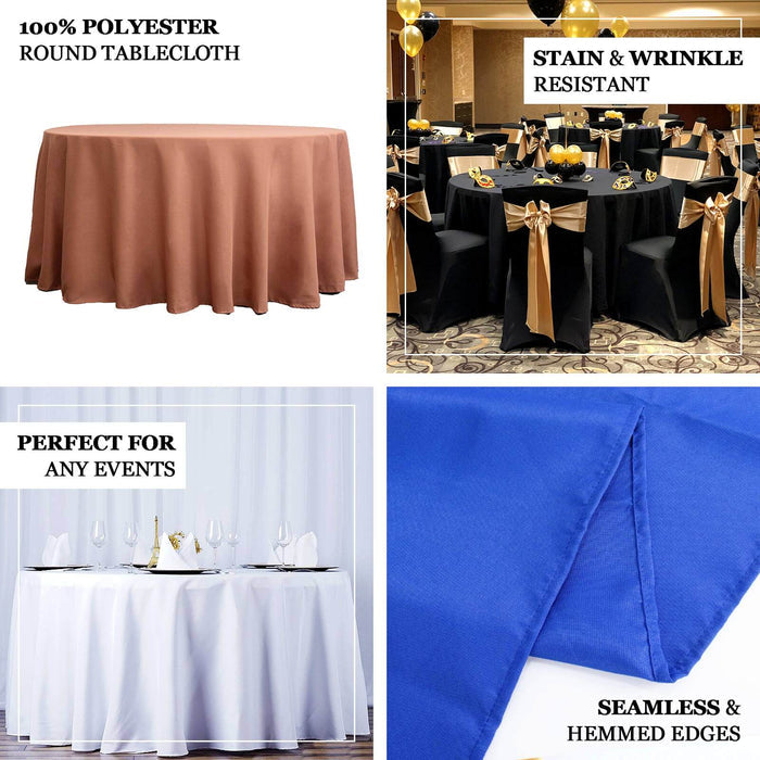 Round tablecloths in various colors, stain and wrinkle resistant, perfect for any event.