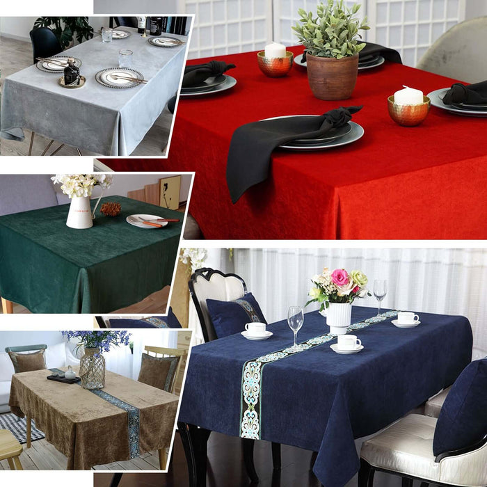 Various elegant tablecloths displayed on different tables in styled settings.