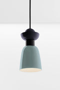 Putnam Pendant Light Style A with mist blue tapered shade, navy blue sculptural top detailing and black suspension cord