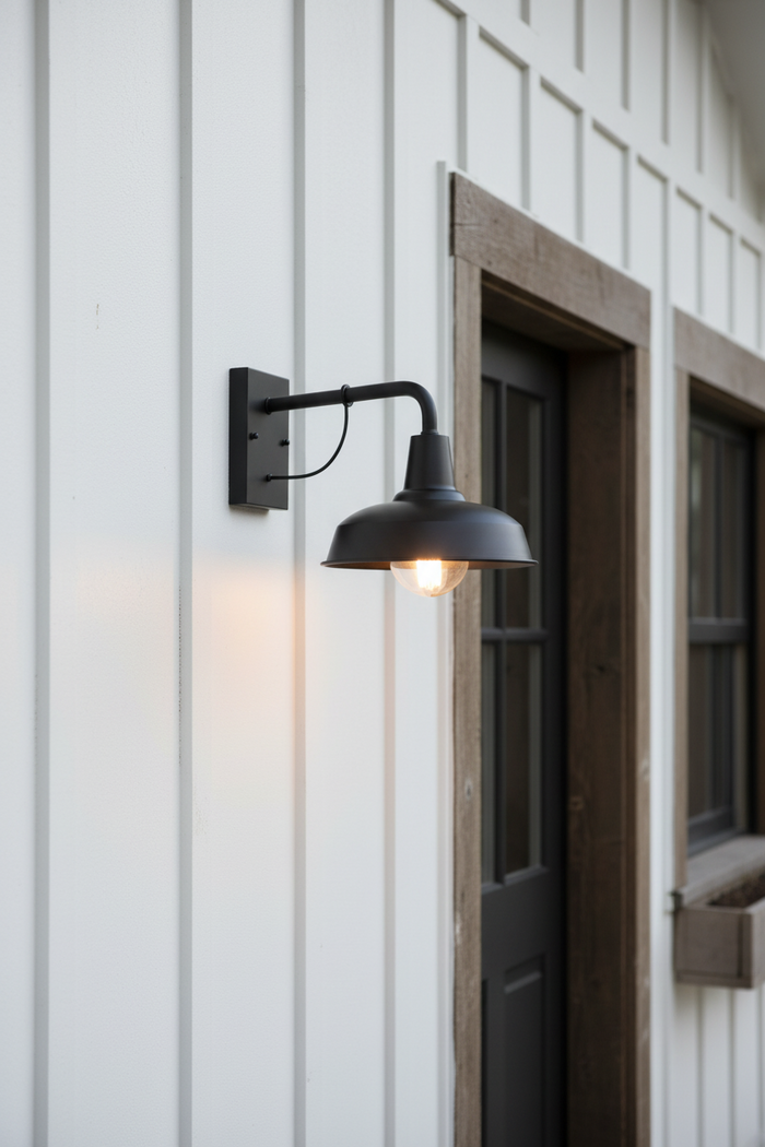Rail wall light on the side entrance of a garage.  urban farmhouse