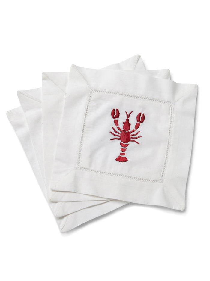 Red Lobster Embroidered Cotton Cocktail Napkins — napkin embroidery, hemstitch and table styling