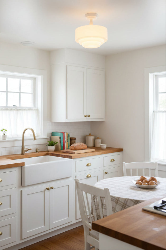 in kitchen with white and wood detailing