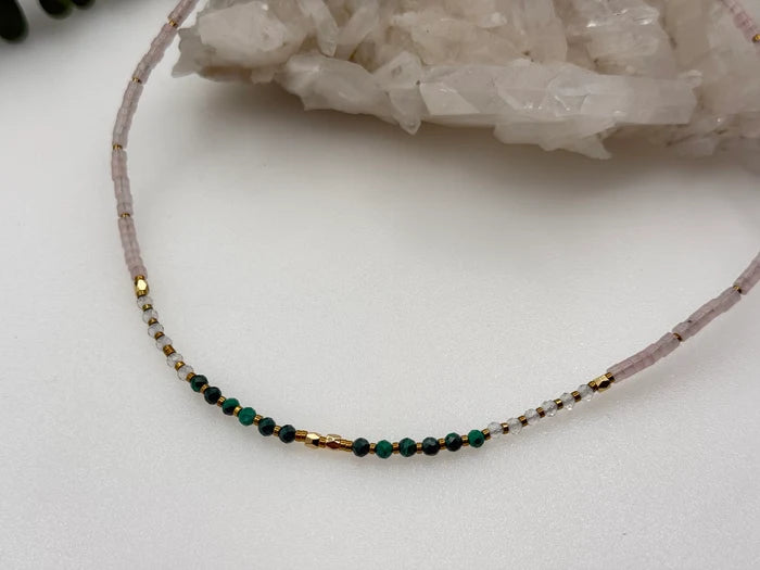 Rose Quartz, Malachite & Clear Quartz Necklace
