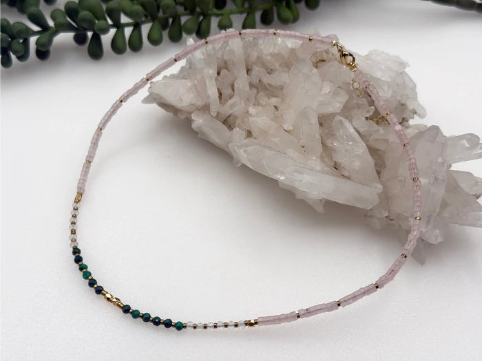 Rose Quartz, Malachite & Clear Quartz Necklace