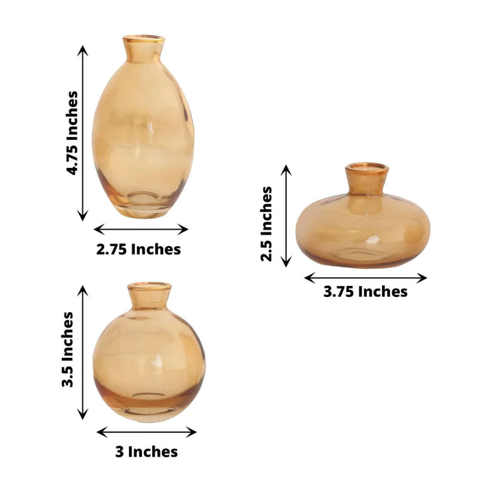 Set of three amber glass vases in various shapes and sizes