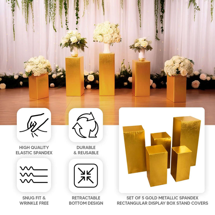 Set of 5 gold metallic spandex display box stand covers in a decorated event setting.