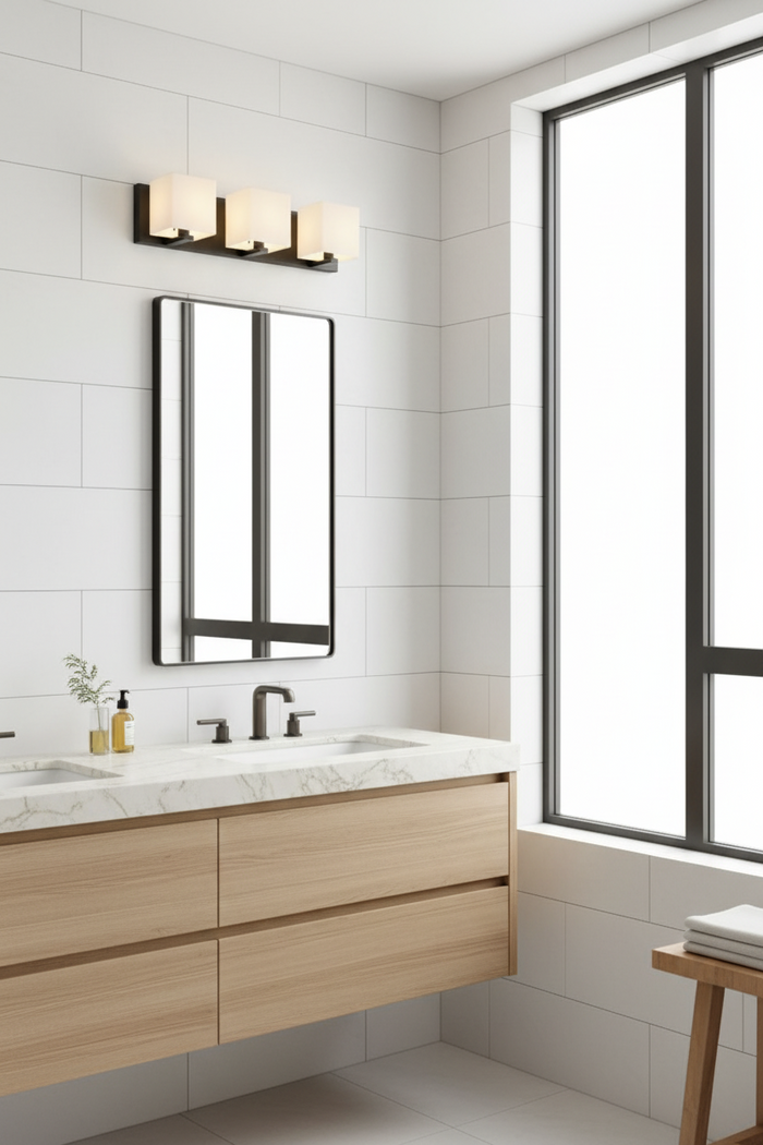 3 light vaniety wall light in a modern bathroom with wooden vanity, marble countertop, and large window.