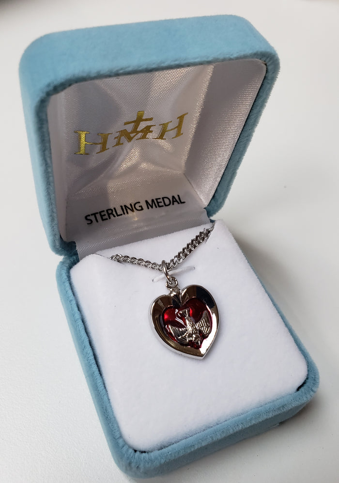 Sterling Silver High Polished Genuine Rhodium Plated Holy Spirit Inlayed Heart