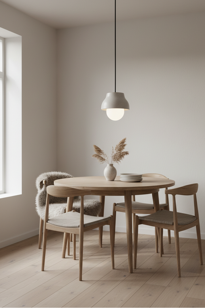 Ceramic Bowl light hanging in a dining area with wooden table and chairs in a minimalistic room.