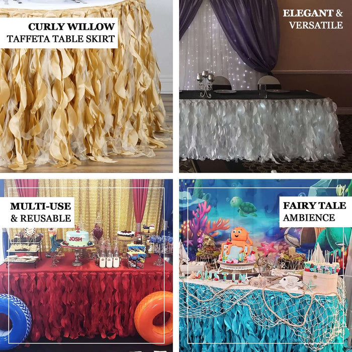 Curly willow taffeta table skirts in various colors for elegant decor.