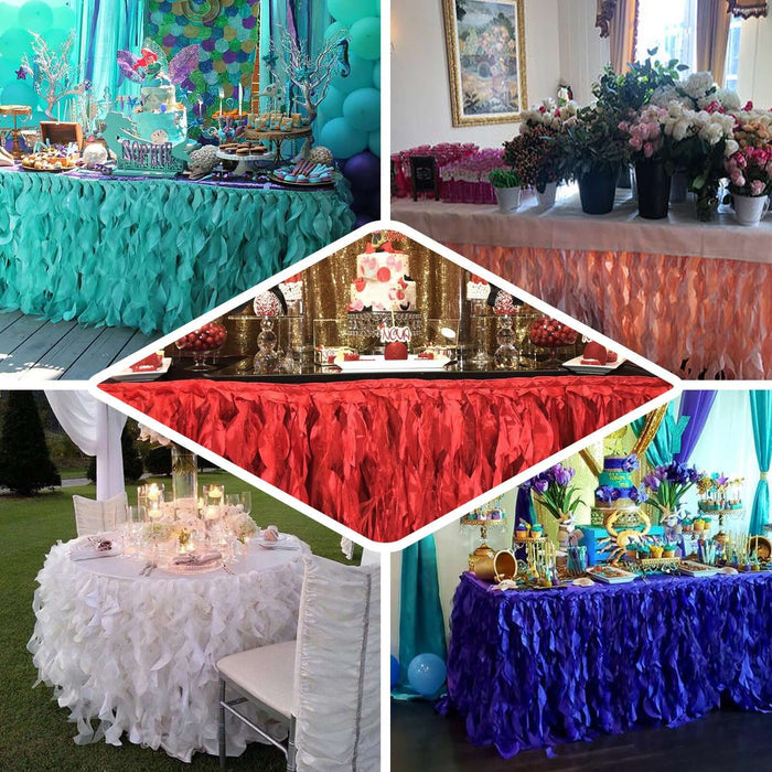 Assorted table skirts in vibrant colors for stylish event decor.