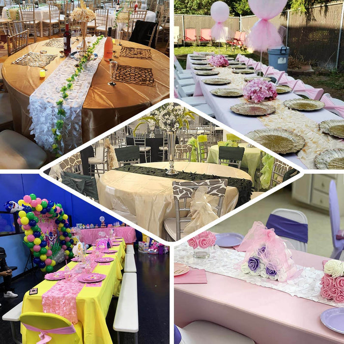 Decorated event tables with various centerpieces and tablecloths in a festive setting.