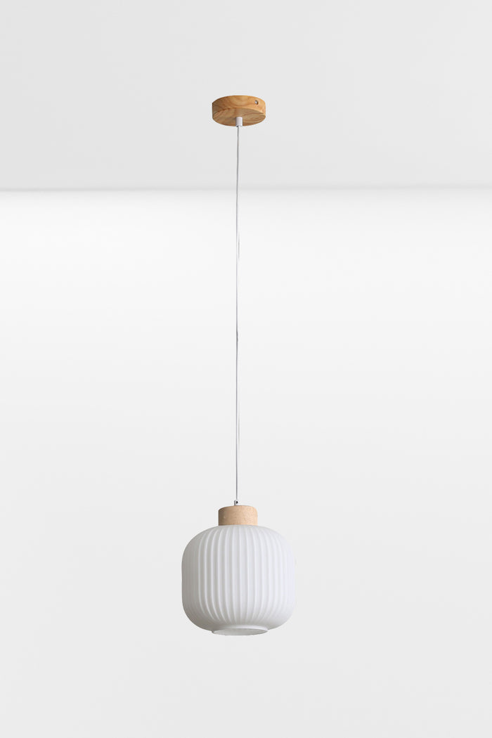 Small curved, opal glass shade with ripple effect and timber detailing, light off.