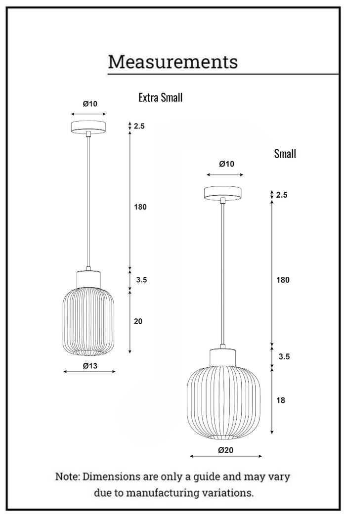 Dimension illustration for extra small and small pendants.
