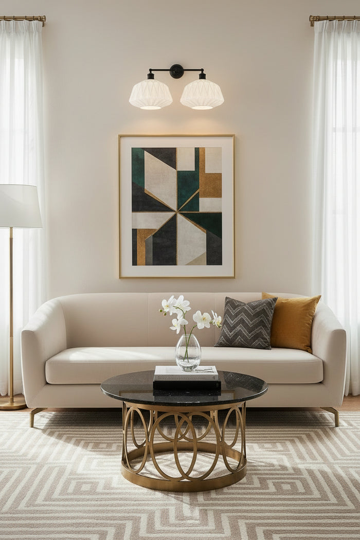 Geometric pattern opal glass shades on a black ouble light wall sconce over a contemporary living space.
