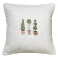 Three Topiary Trees Embroidered Linen-Cotton Throw Pillow — embroidered textile and product presentation