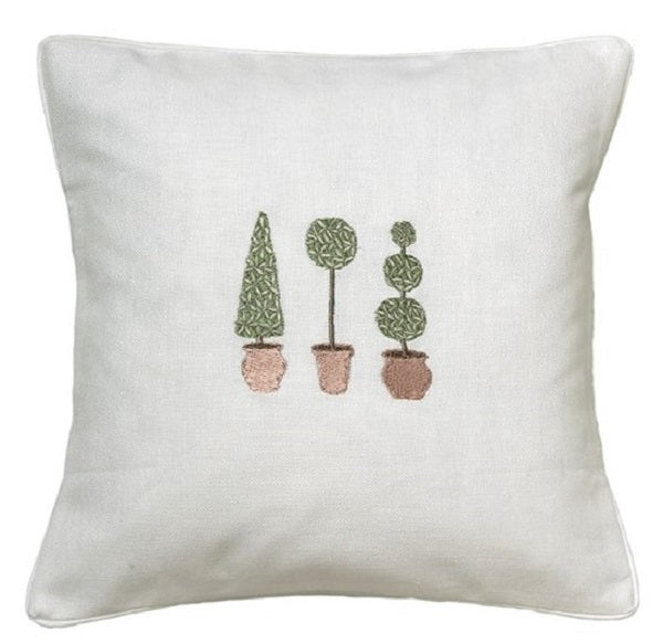 Three Topiary Trees Embroidered Linen-Cotton Throw Pillow — embroidered textile and product presentation