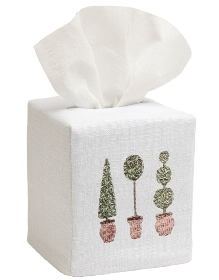 Three Topiary Trees Embroidered Linen-Cotton Tissue Box Cover — embroidered cover fitted over a separate tissue box